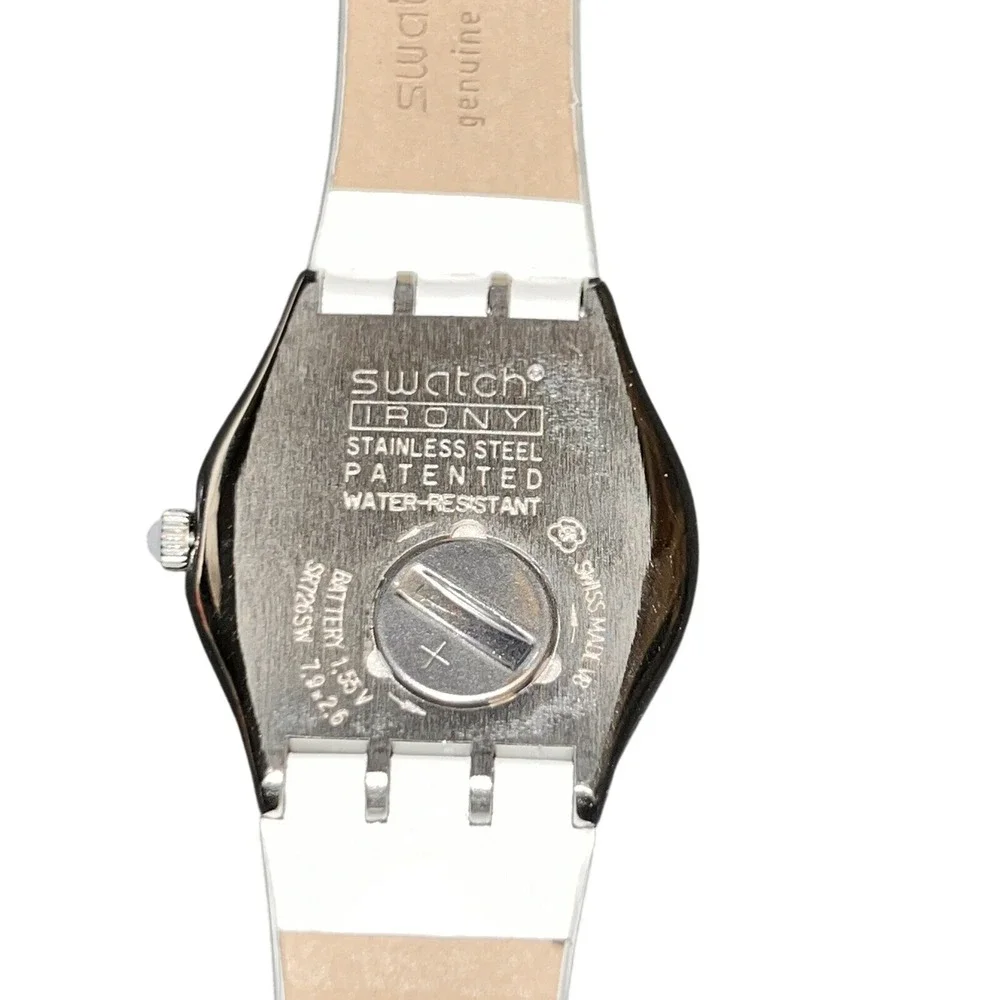 Swatch‎ Irony Stainless Steel Watch White Leather Strap Silver Dial Swiss Made